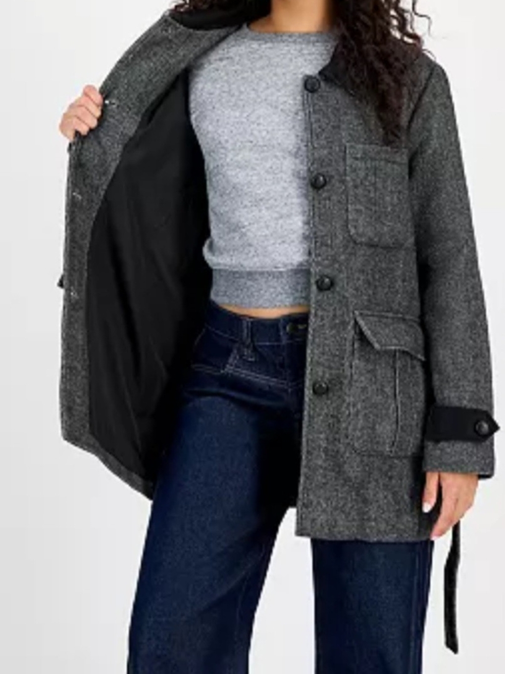 Steve Madden Charcoal Gray Textured Button-Front Trench Coat